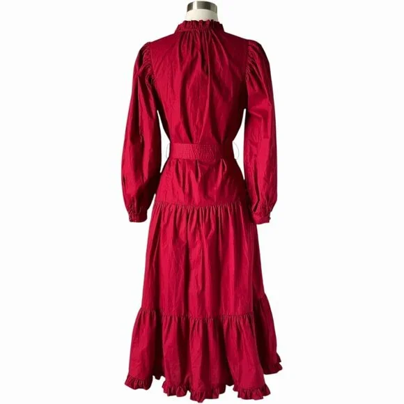 Marie Oliver Mariah Red Cotton Tiered Maxi Dress XS Belted